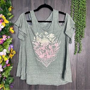 +🌼3/$30🌼Mudd Cutout Shoulder Green Printed Top Size Large